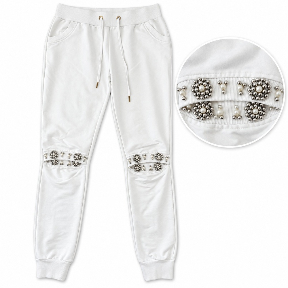 Philipp Plein Homme White Cotton Studded Pearl Cutout Knee Joggers XL Luxury